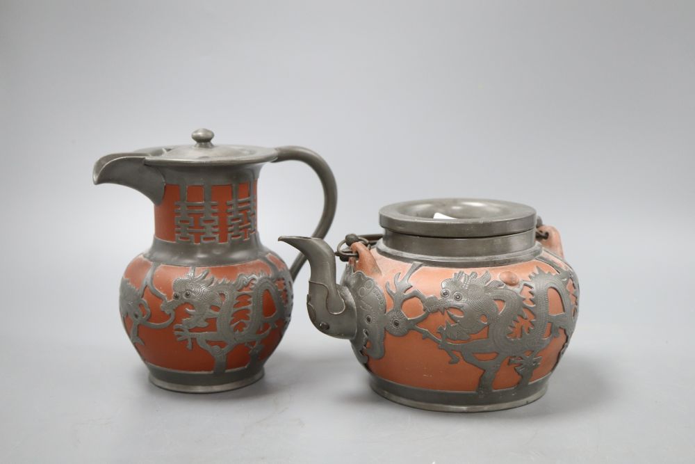 A Chinese Yi Xing teapot and hot water pot, tallest 15cm